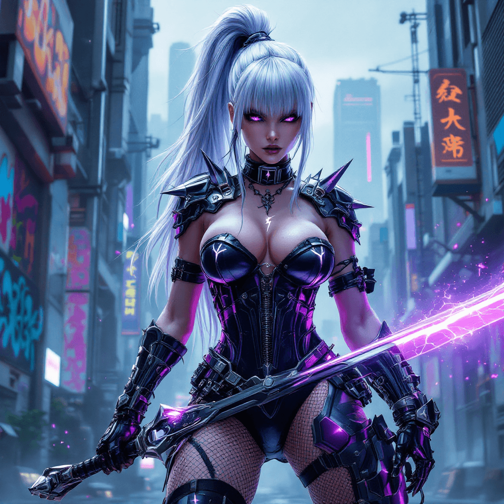 AI generated: cyberpunk-style female warrior. She has long, platinum silver hair tied into a high ponytail with ba...