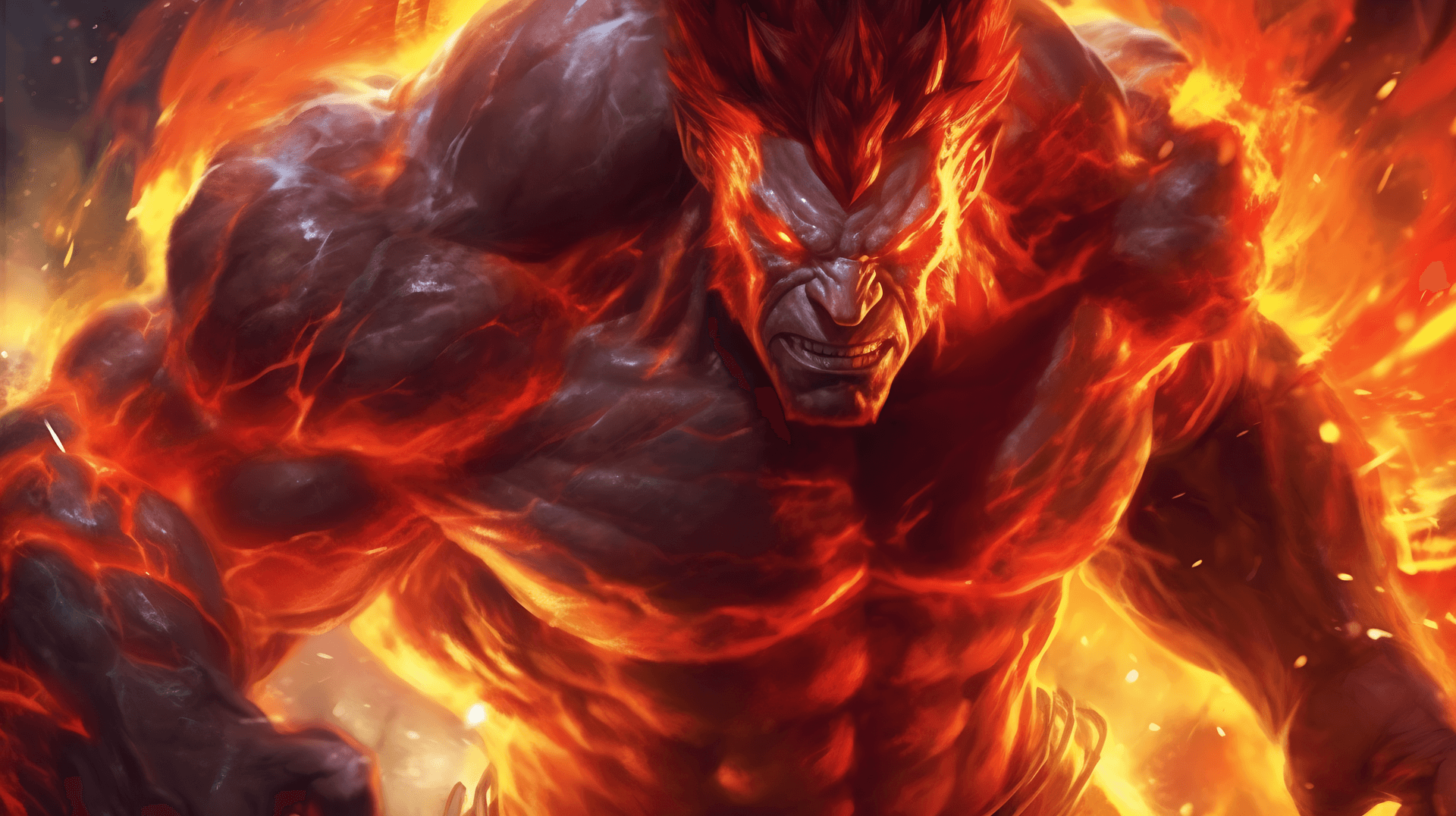 AI generated: Visualize a full-body portrait of a muscular, red demon, his skin glistening, muscles bulging, a tes...