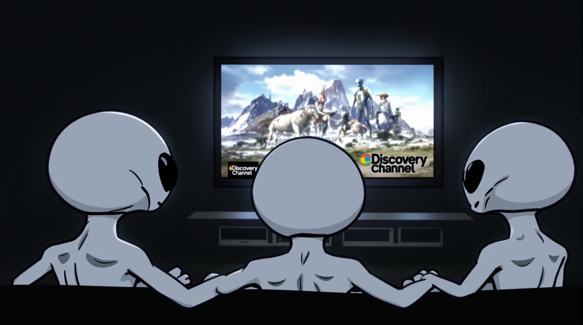AI generated: Three grey aliens are sitting on a black sofa in the dark and watching a Discovery Channel show on a...