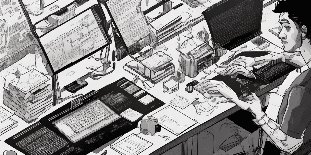 AI generated: A monochromatic vector illustration of one software developer working on a laptop while sitting at a...