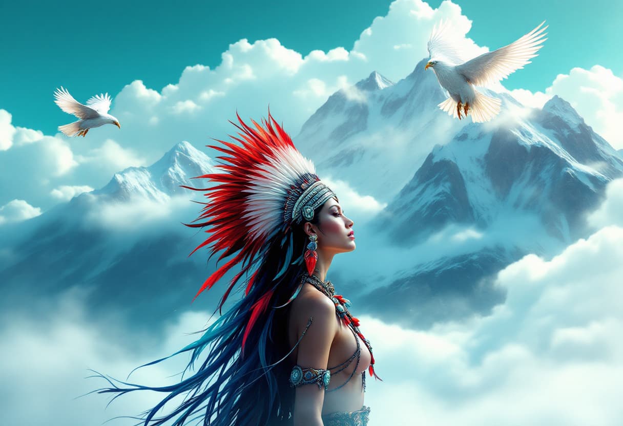 AI generated: 
A mystical indigenous woman in a feathered headdress stands against a large mountain massif. Above ...
