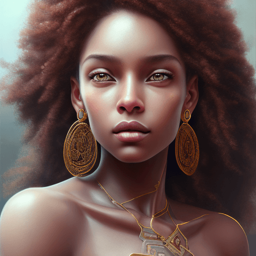 AI generated: female, brown skin,stunning,curly hair, brown eyes, earrings, high detail graphics, cinematic lights...