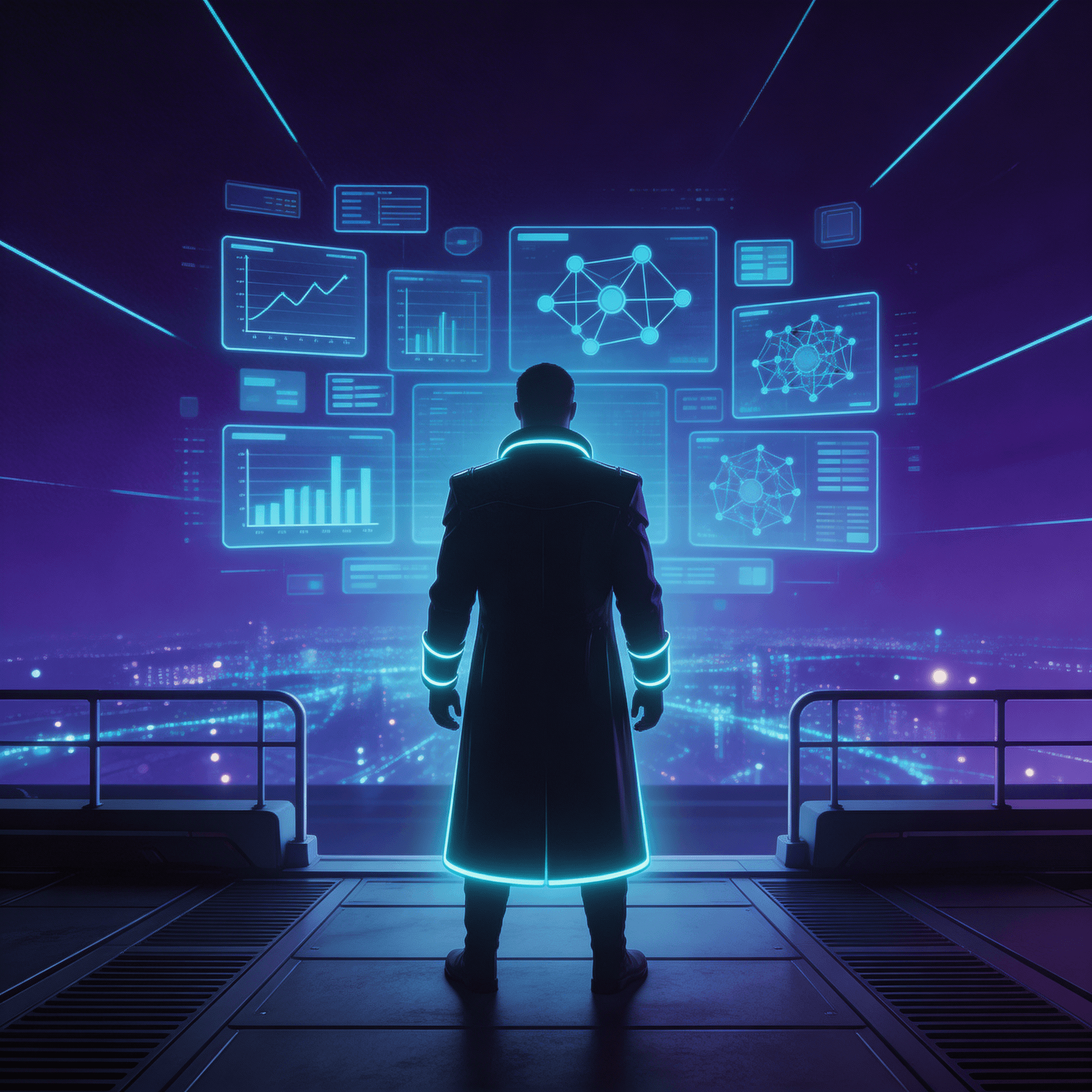 AI generated: futuristic commander figure seen from behind, standing on elevated observation 
deck, looking at vas...