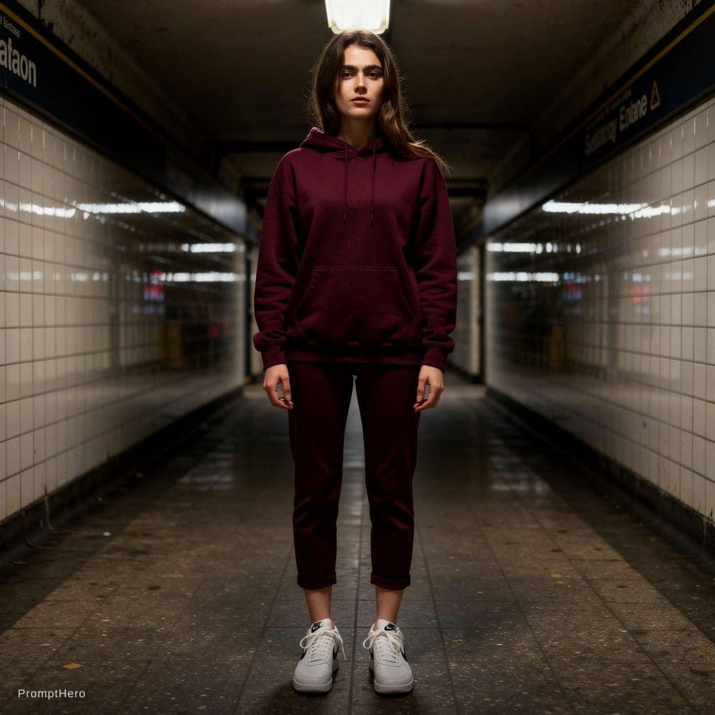 AI generated: conceptual phtography, Canon EOS-1D Mark III, aperture of f/5.6, crimson hoodied and crop pants with...