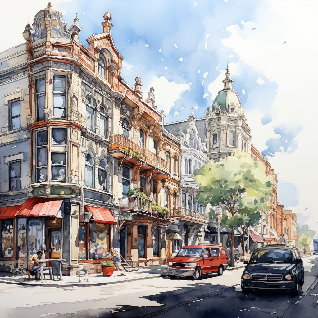 AI generated: Minimalist, detailed illustration, sunny day, main street, ink and watercolour wash