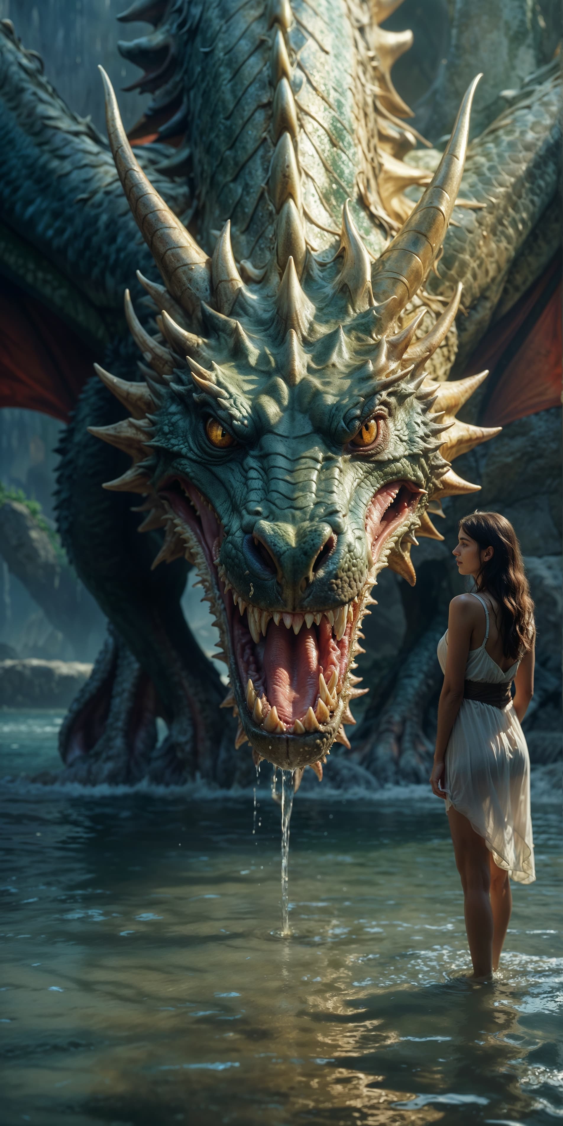 AI generated: a gorgeous woman is standing in the water next to a dragon , in the style of fantasy scenes, realist...