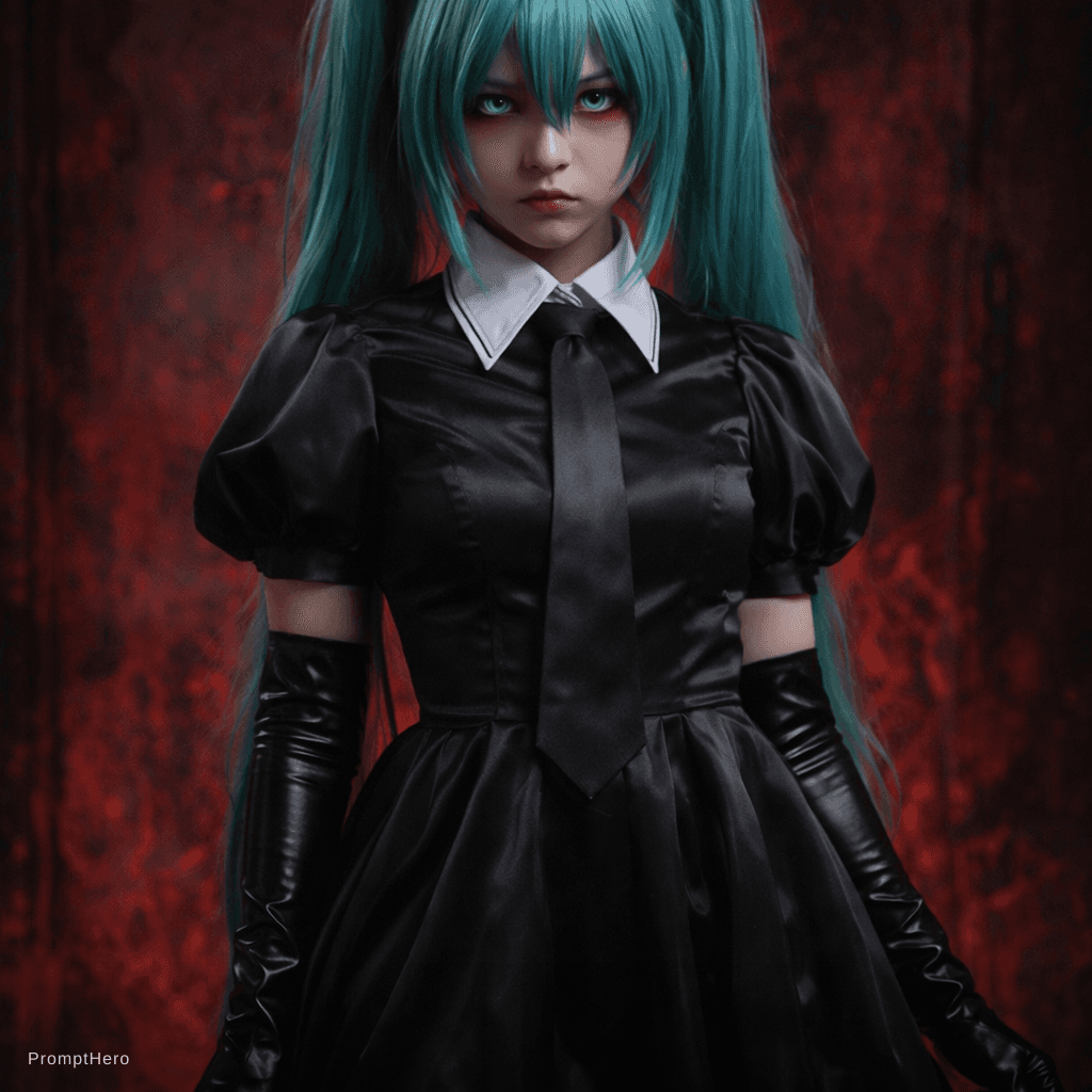 AI generated: She wears a dark, possibly satin or velvet, dress with a collared shirt and tie. The fabric has a su...