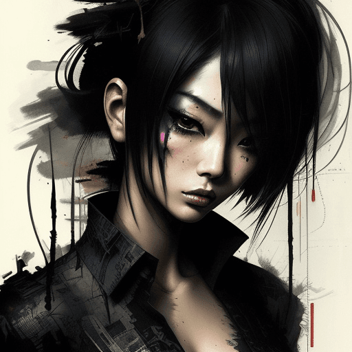 AI generated: aesthetic, painterly style, modern ink, Asian girl, sensual, sultry, dark blouse, expressive pose, u...