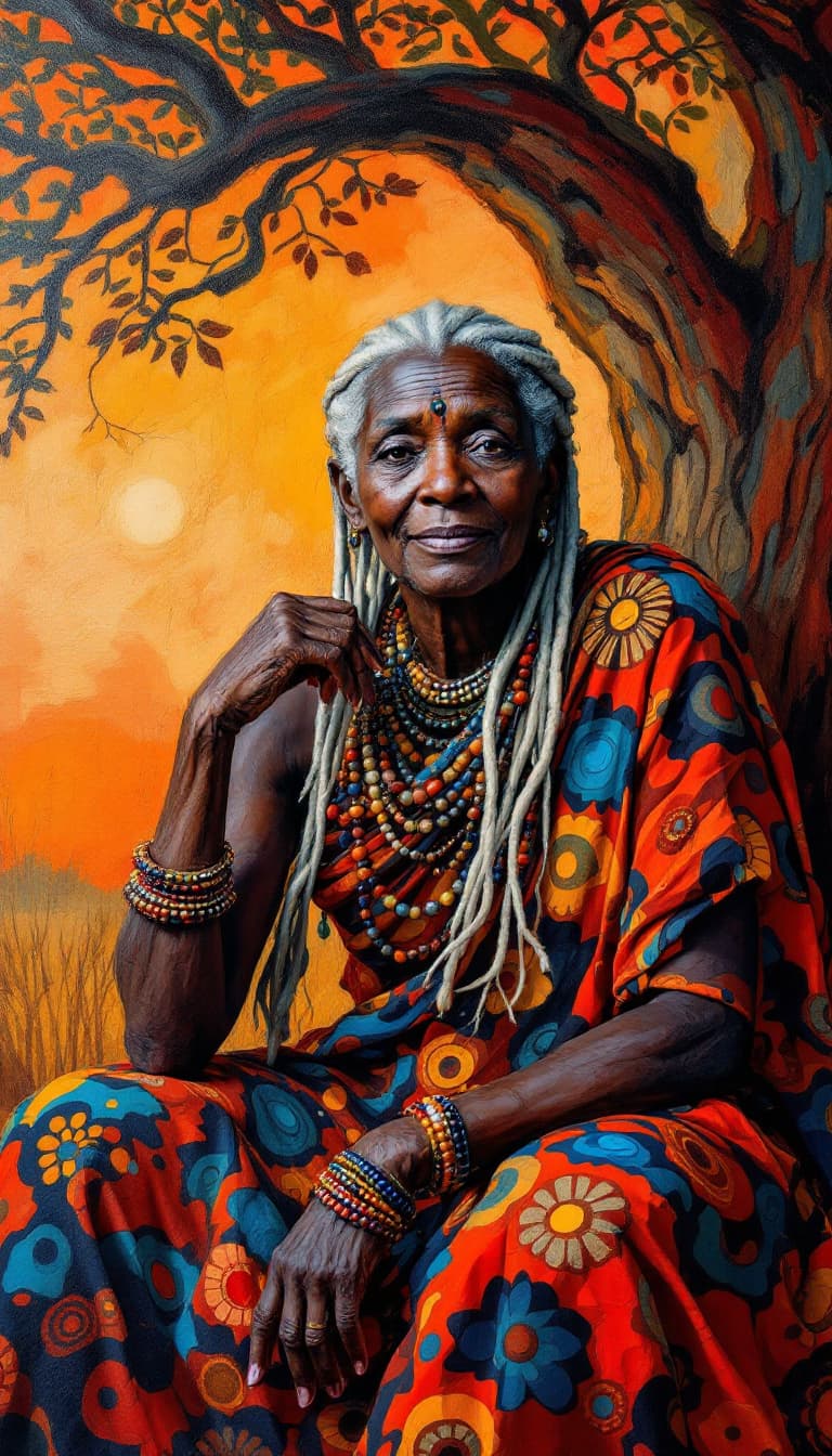AI generated: "Ancient Storyteller in Sunset Hues": A mesmerizing abstract painting captures the spirit of a 70-ye...