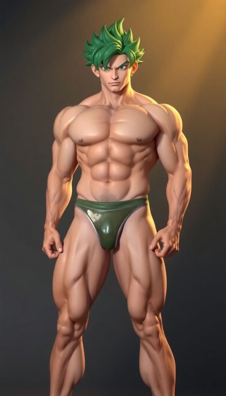 AI generated: Broly from Dragon Ball, caucasian complexion, big muscles and big thighs, green short hair, in his t...