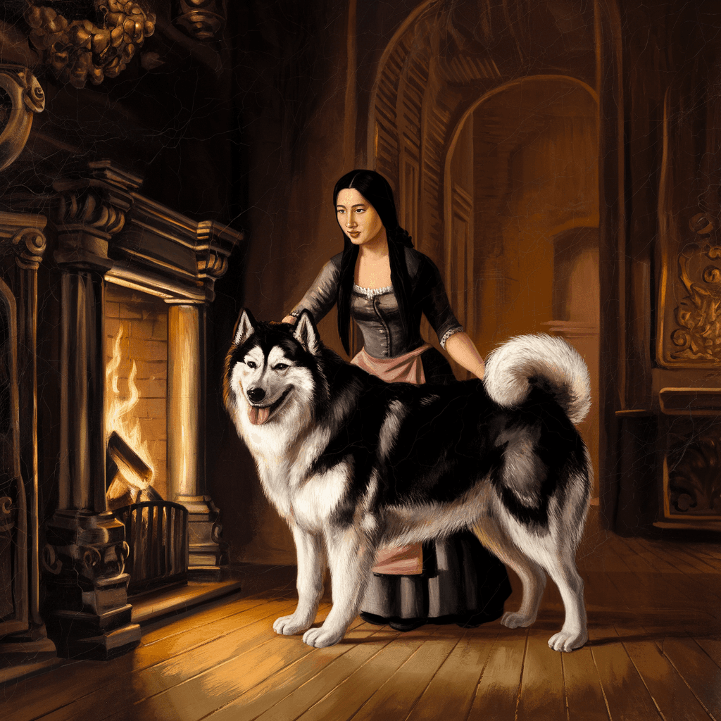 AI generated: A large black-and-white Alaskan Malamute with an Asian woman with long black hair reaching the floor...