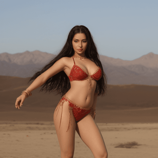 AI generated: The image depicts a gorgeous woman with waist length raven locks in a red belly dancing outfit, posi...