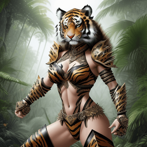 AI generated: (tiger-inspired armor design:1.5), a fierce and stylish concept for women, professional photoshoot, ...