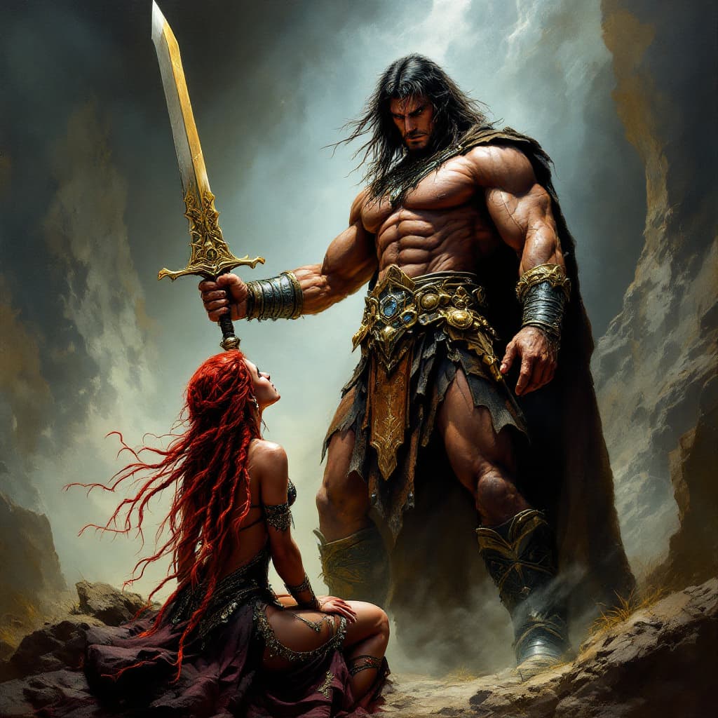 AI generated: An exquisite dark fantasy oil painting depicting the formidable Lord Conan, the emperor of the Waste...