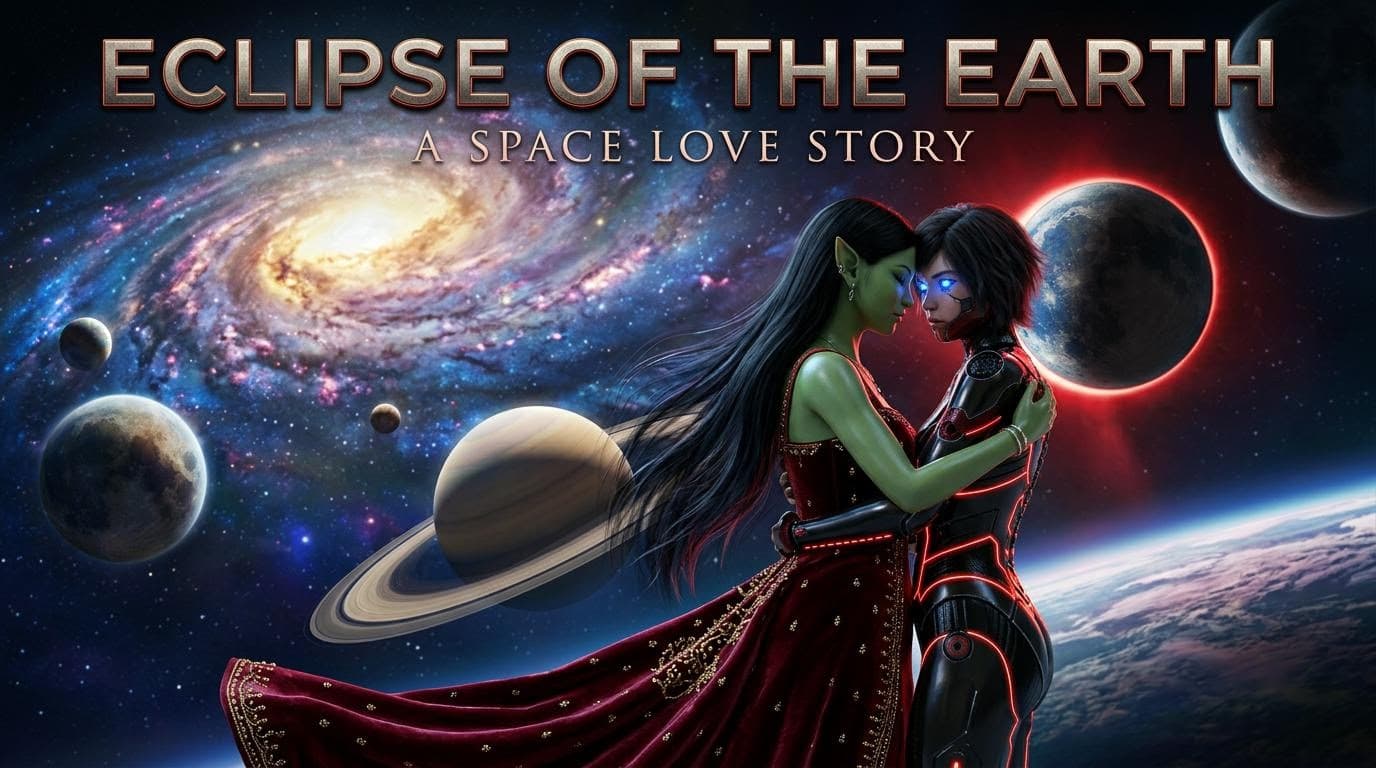 AI generated: Make a movie poster in 16.9 with these two characters hugging in space with galaxies and planets. Ti...
