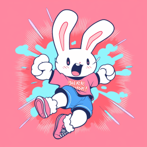 AI generated: Cute rabbit Monster hopping, tshirt vector, 1960s Decor illustration, pink background --niji 5