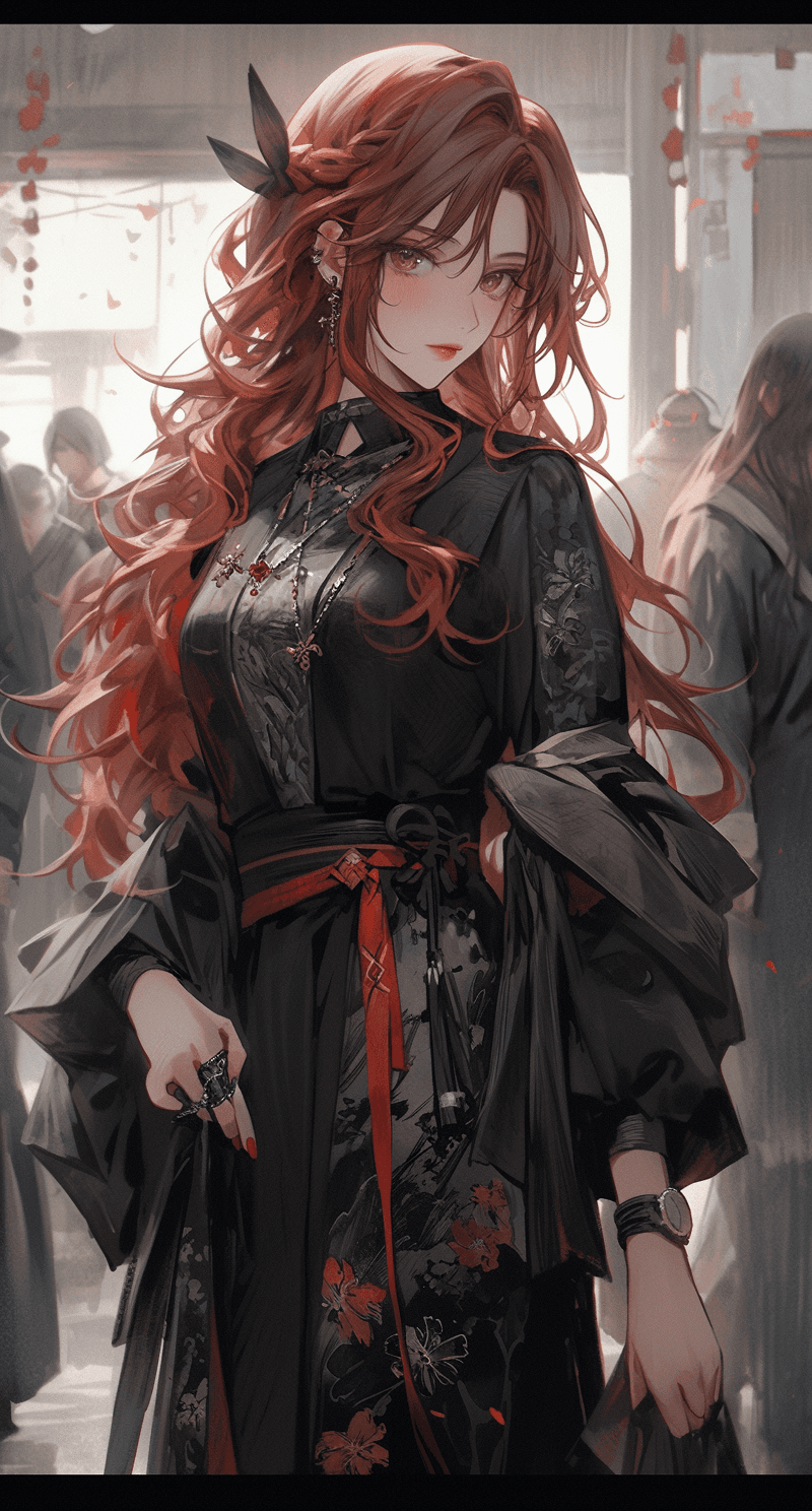 AI generated: an oriental woman in a black kimono showing some red hair, in the style of cyberpunk dystopia, dark ...