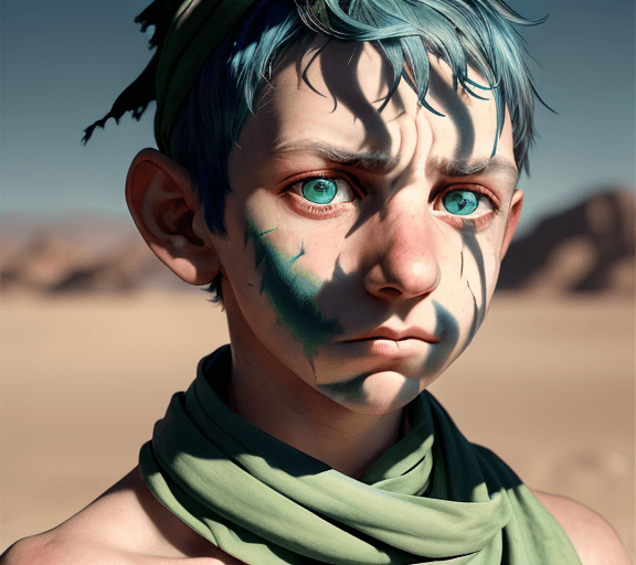 AI generated: a portrait of a young boy, short blue hair, scars, green eyes, crooked nose, full lips, frowning, we...