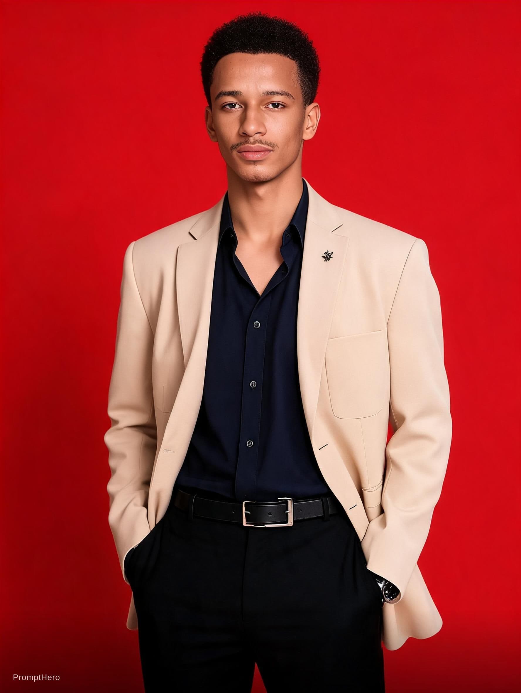 AI generated: fashion cover, front view, upper-body, stud, male model, Vibrant Hot red Backdrop, suit, formal shir...