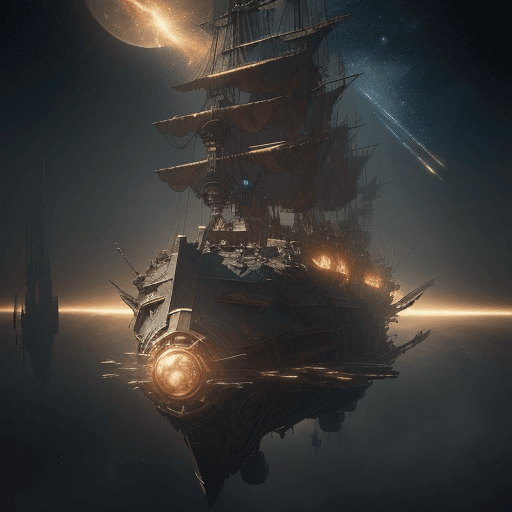 AI generated:  Block shaped star ship, steampunk, severely damaged, floating in space. dramatic light, cinematic l...