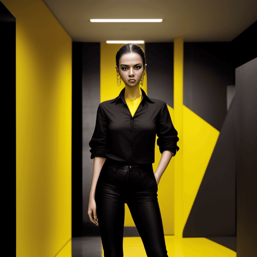 AI generated: The image features a woman wearing a black shirt and yellow pants, standing in a room for fashion ma...