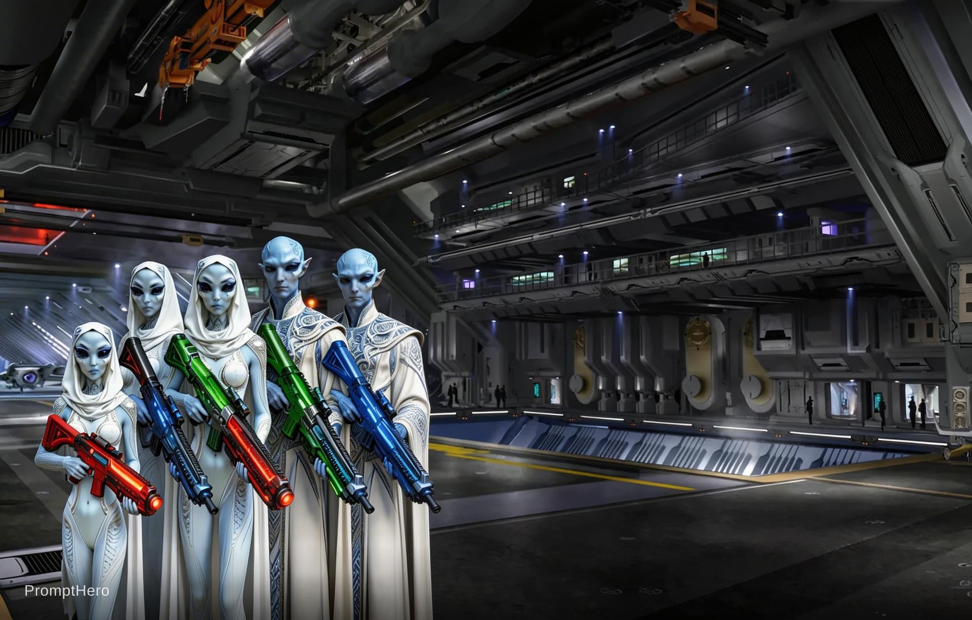 AI generated: Sci-Fi scene. Use reference image one. Recreate the scene in reference image one. Add the characters...