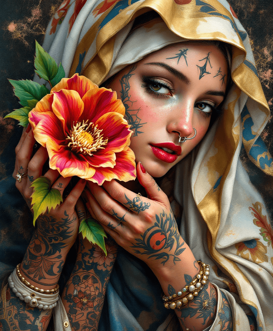 AI generated: oil painting of the mother mary with tattoos holding and a nose piercing  the most beautiful colorfu...