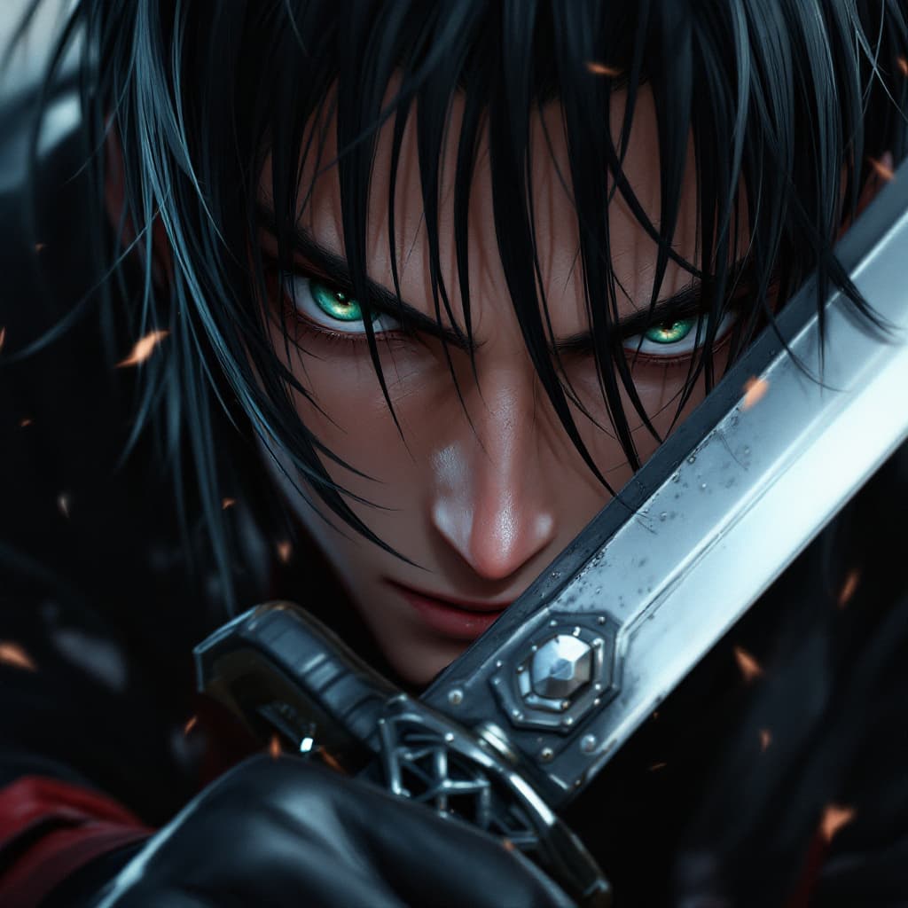AI generated: a close up of a person with a sword, 3 d render official art, snk, male rogue, aliased, straight bla...