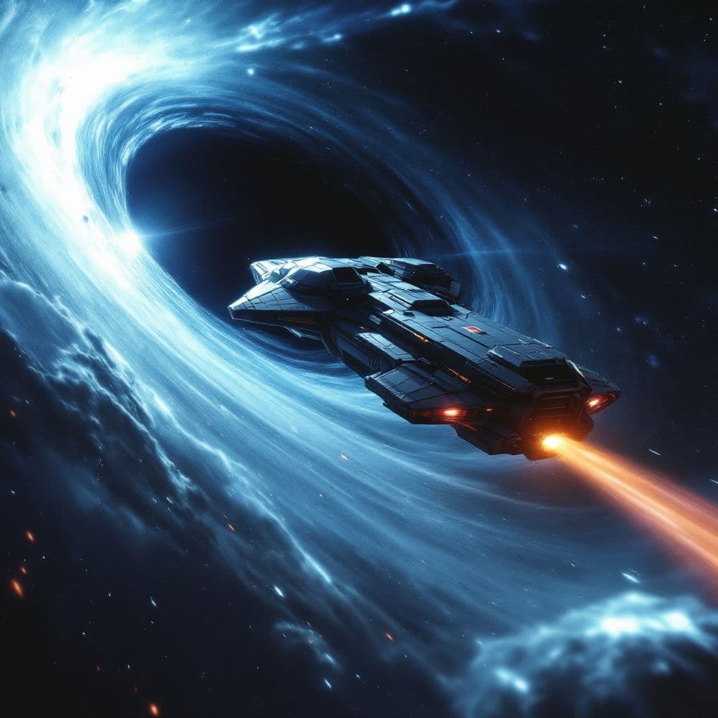 AI generated: A scene of a spaceship escaping from a black hole. The style is reminiscent of a science fiction mov...