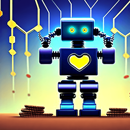 AI generated: A robot with a coin instead of a heart, standing in front of a background of interconnecting block c...