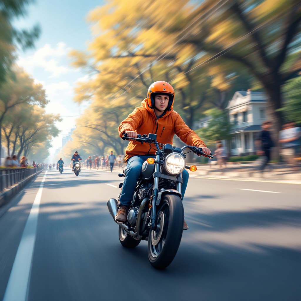 AI generated: Create a horizontal artwork featuring a young person wearing an orange jacket and an orange helmet, ...