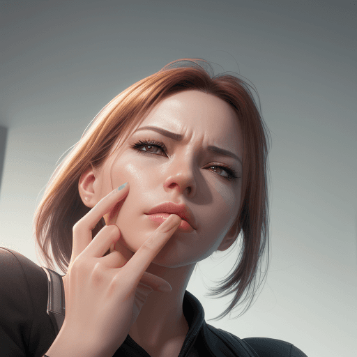 AI generated: photo realistic, modern woman striking a pose looking up index finger to her chin, thinking "I forgo...