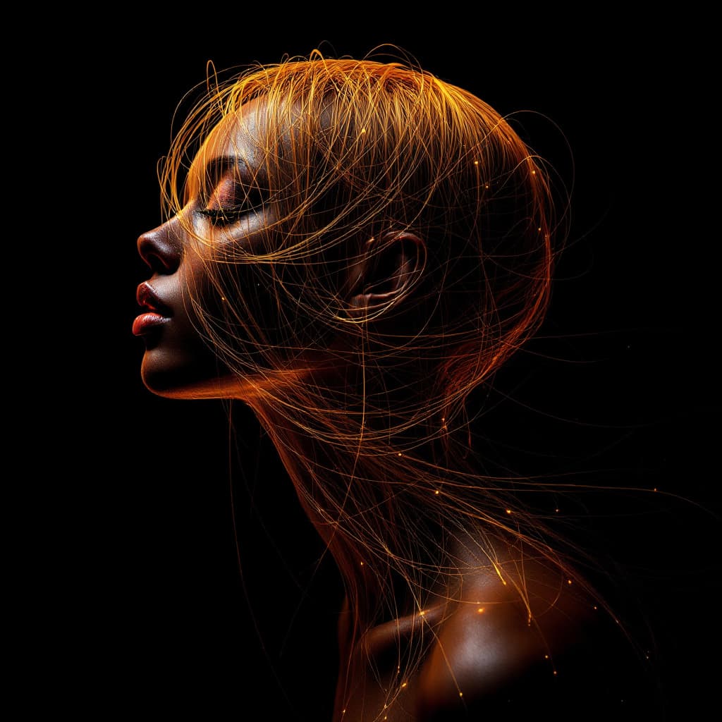 AI generated: string art, black background, long golden thin hair, surrealism, suprematism, fluorescent, highly de...