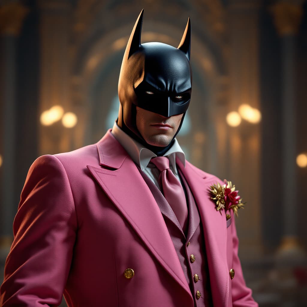 AI generated: Batman in a pink suit, gothic, gold, neoclassical, elegant, cinematic, shot photography by Wes Ander...