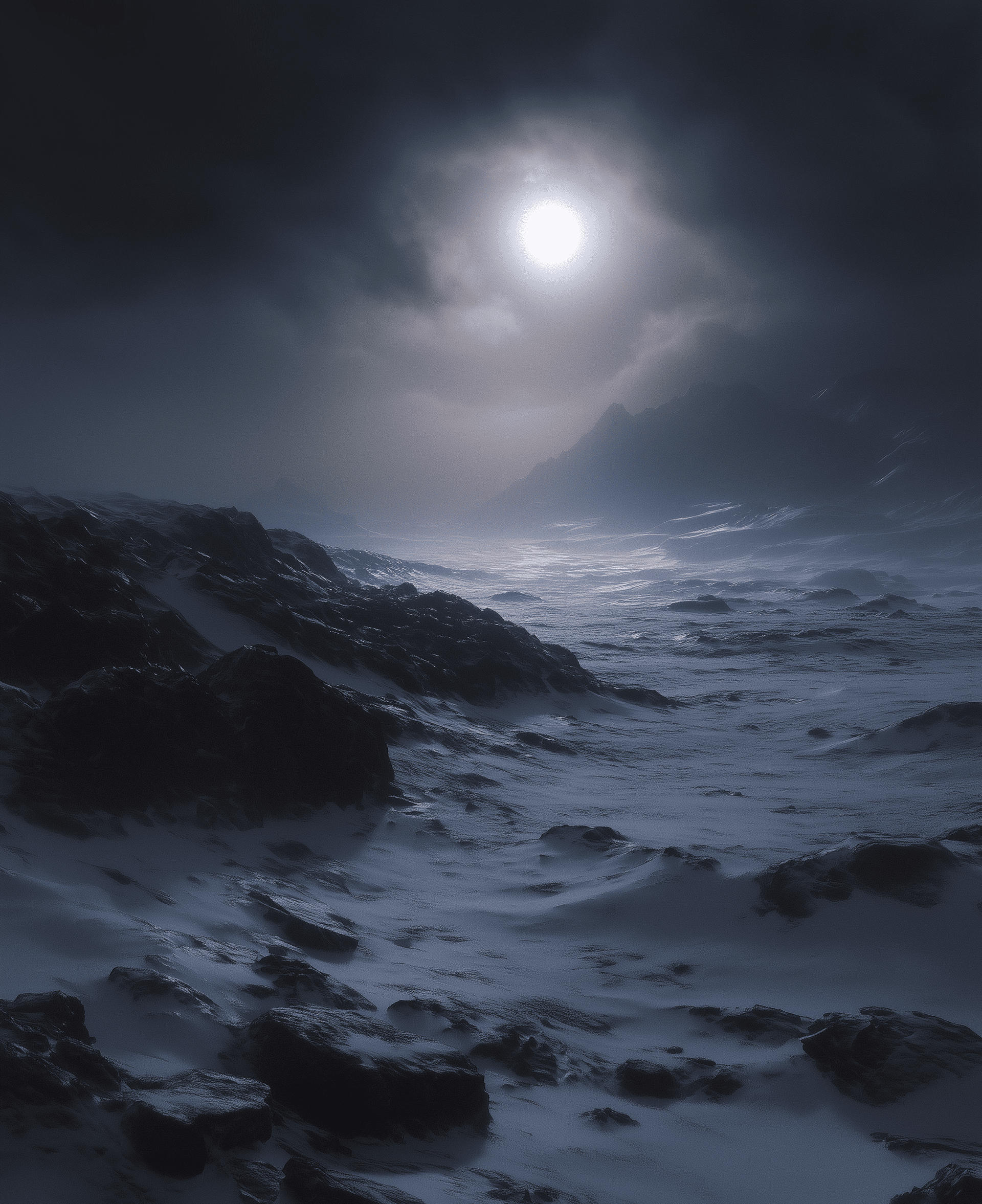 AI generated: A barren, rocky landscape with a distant blue sun in the sky, set against a black background. Highly...