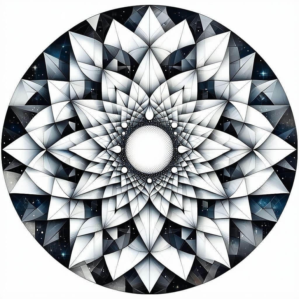 AI generated: **Geometric Harmony:** A symmetrical mandala composed of interlocking geometric shapes, including tr...