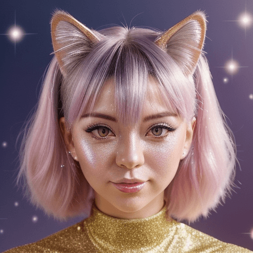AI generated: Close-up of a cat:0.5, (futanari), glitter background, shiny glitter hair, professional profile phot...
