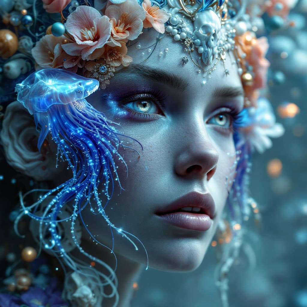 AI generated: Goddess close-up portrait ribcagel. jellyfish phoenix head, nautilus, orchid, skull, betta fish, bio...