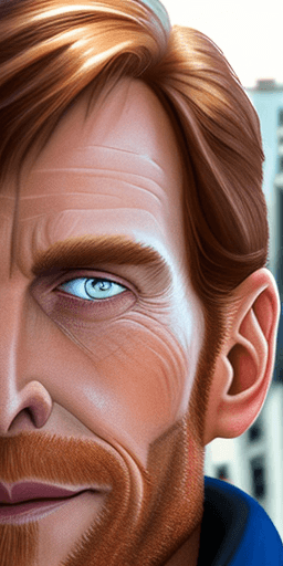 AI generated: Hyper realistic eye level photo of a man, older, reddish brown hair mid-length center part, strong c...