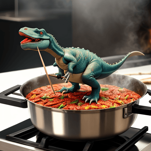 AI generated: dinosaur cooking on a rotating skewer