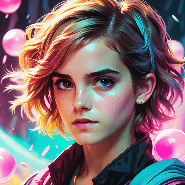AI generated: Emma watson, Lighting and shading by Ross Tran, Close up, colorful, hand drawn, vibrant pastel color...