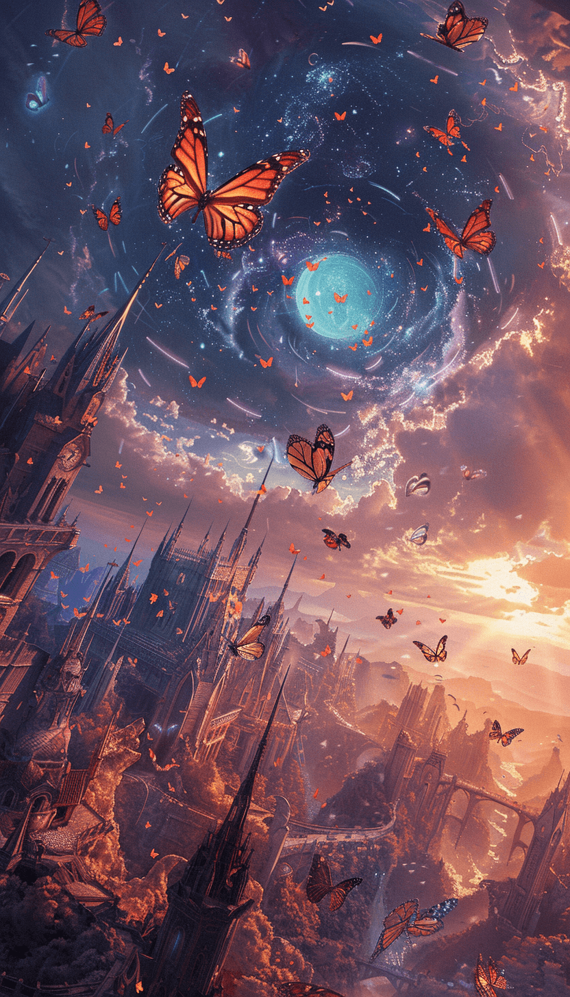 AI generated: the butterflies flying over a city and skyscape, in the style of fantastical otherworldly visions, v...