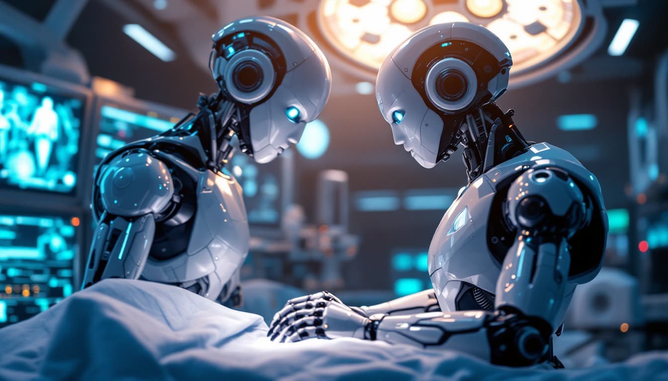 AI generated: A robot assisting in surgery, high-tech operating room, glowing screens, photorealistic details.