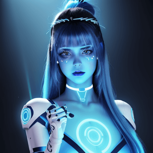 AI generated: Ultra realistic Portrait of a White Robot girl  With Blue Glowing Tribal tattoos, in a singing Pose,...