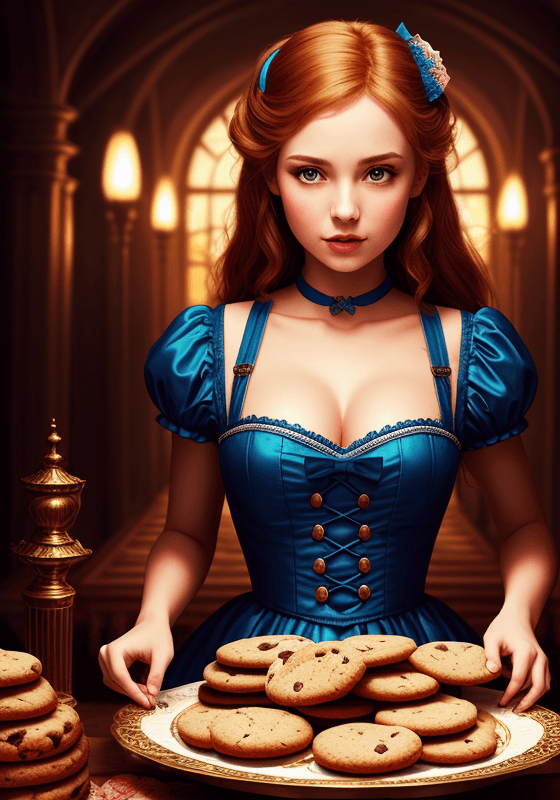 AI generated: a beautiful Alice in Wonderland, (half body shot:1.2), makes cookies, magic castle atmosphere, midni...