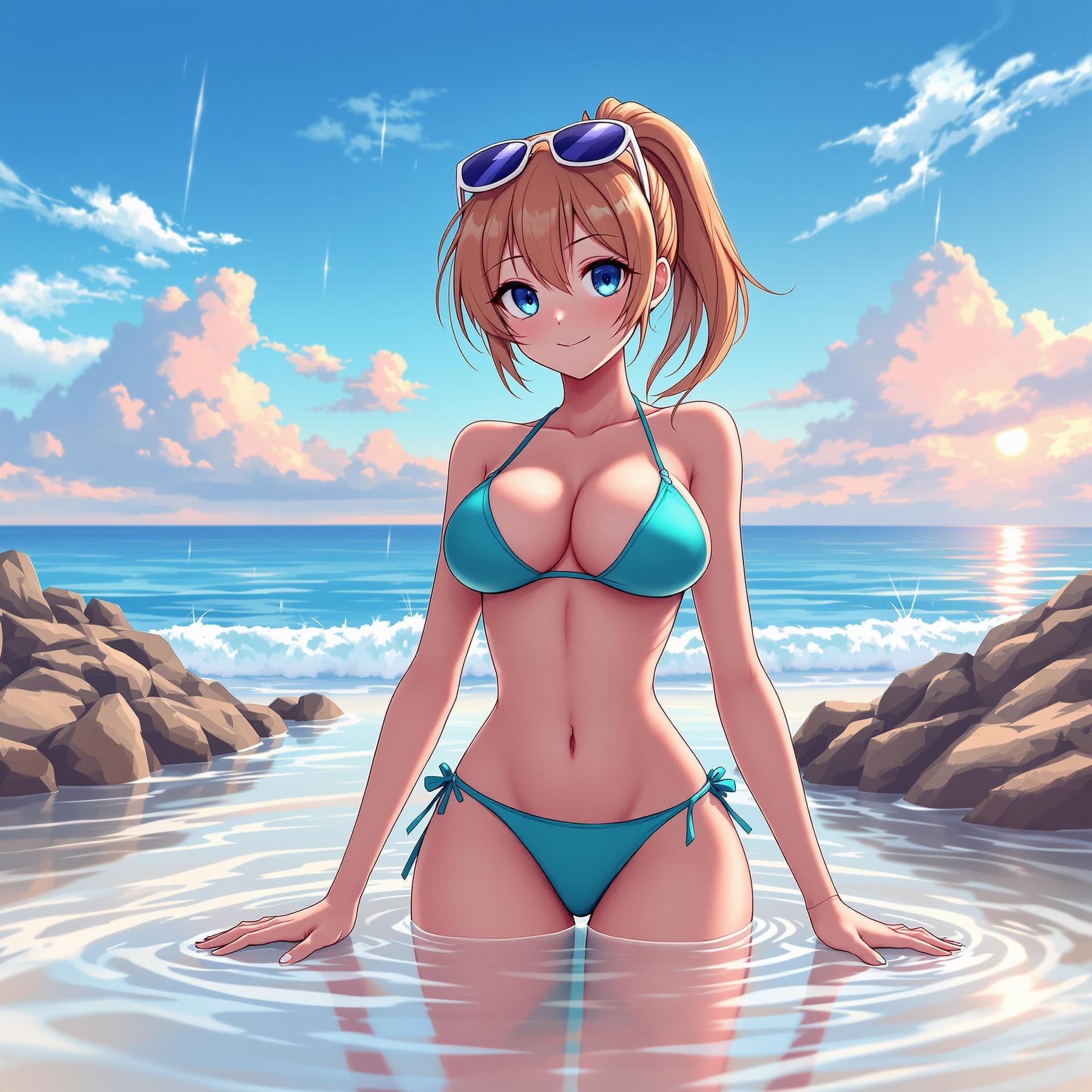 AI generated: Anime girl, in a beach, wearing a bikini, big chest, wet, spread legs, blue eyes, cute, sunglasses o...