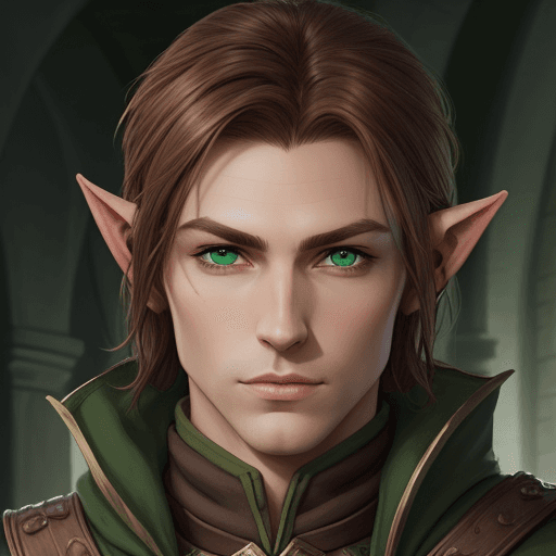 AI generated: for dnd: portrait of a high elf rogue with styled midlenght brown hair and green eyes. He is handsom...