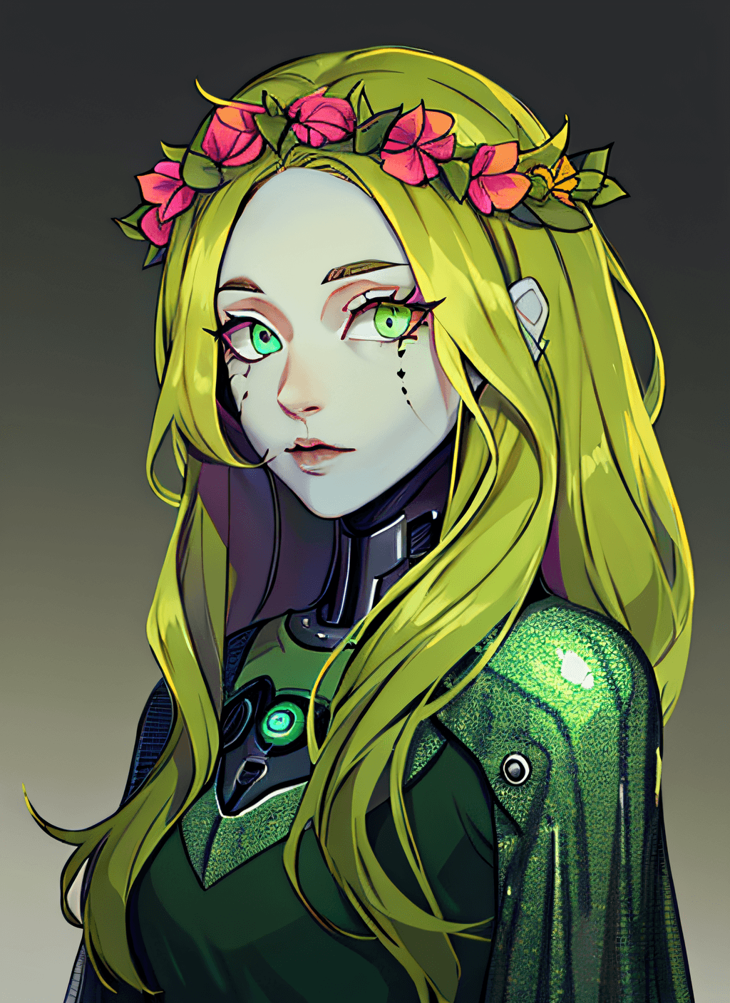 AI generated: infp, green hair, green eyes, head wreath, green dress, (dollienobodysd15:0.7), edgMechagirl, wearin...