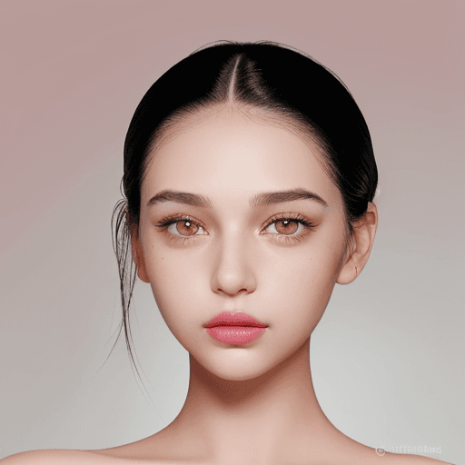 AI generated: The girl in the photo has fair skin and neat features. Her dark hair is slicked back, revealing her ...