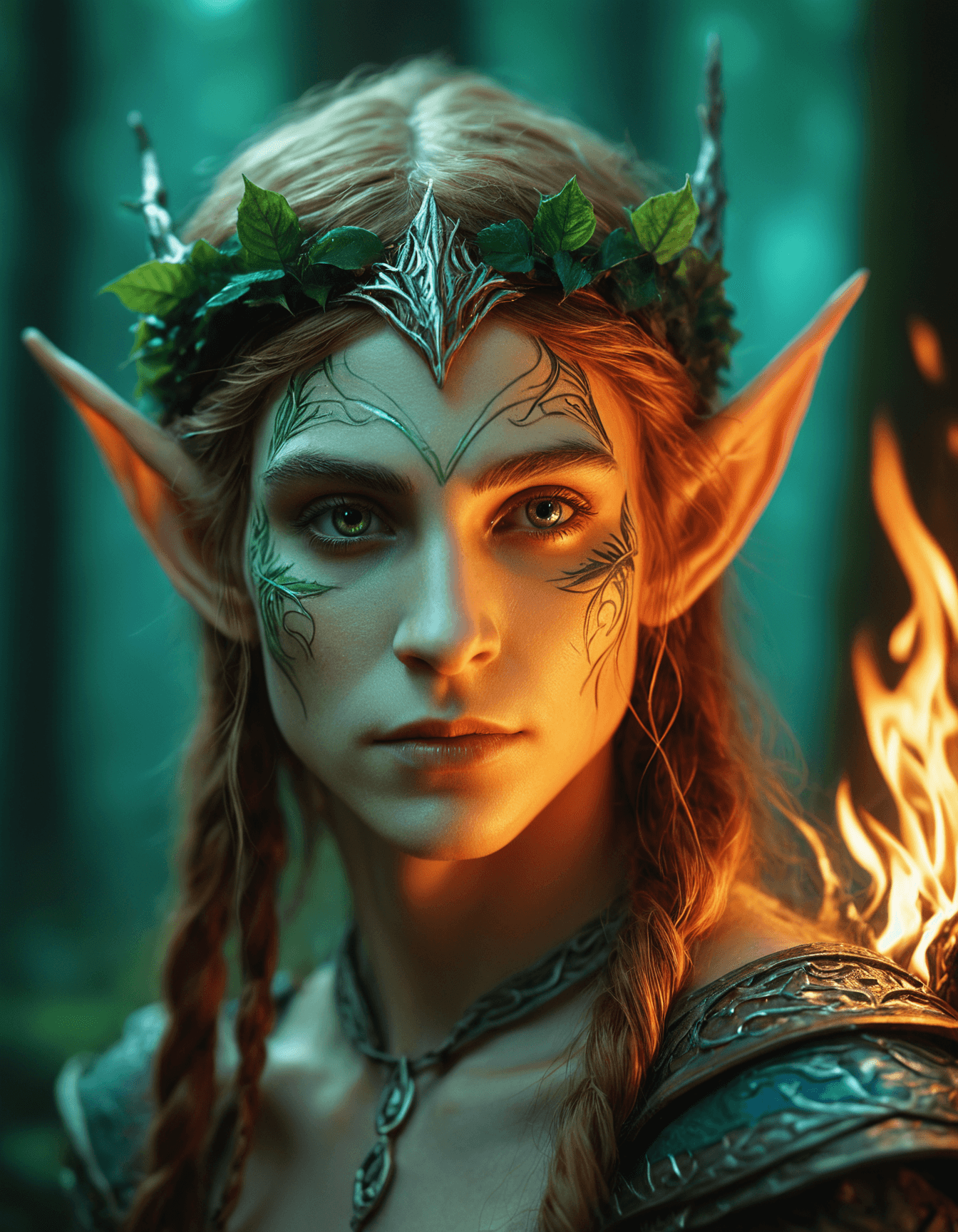 AI generated: closeup portrait of forest elf, gorgeous, amazing, elegant, intricate, highly detailed, burning back...
